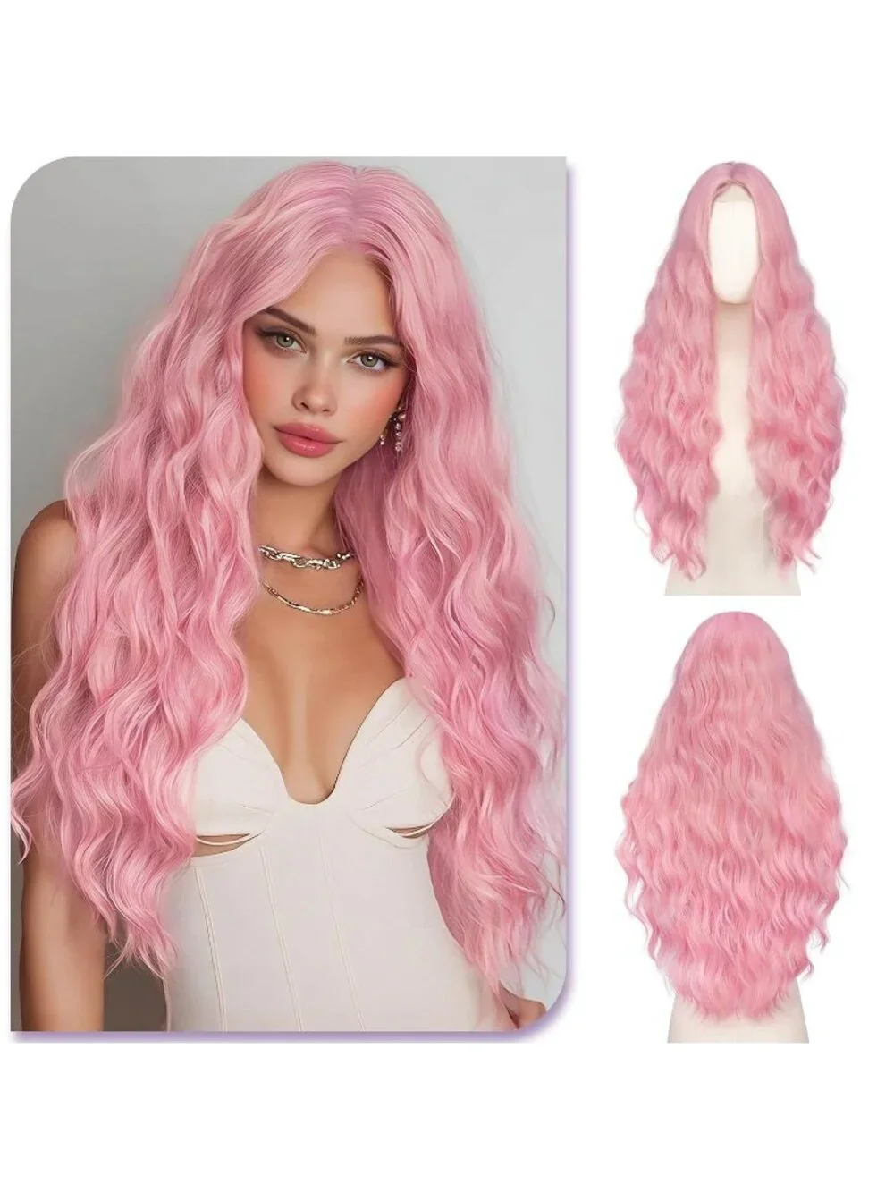 Women's Pastel Pink 28 Inch Lace Front Soft Synthetic Long Wavy Curly Wigs